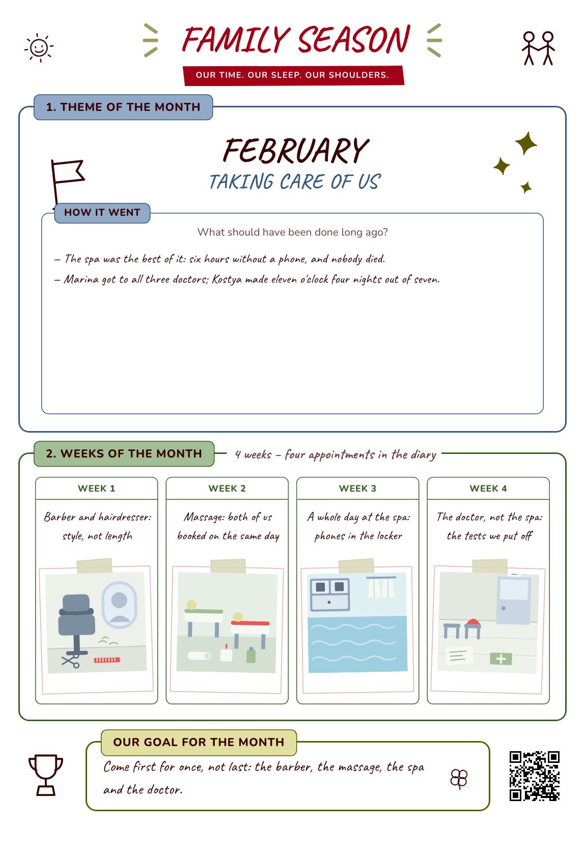 Taking Care of Us — a family plan for the month, a printable A4 poster