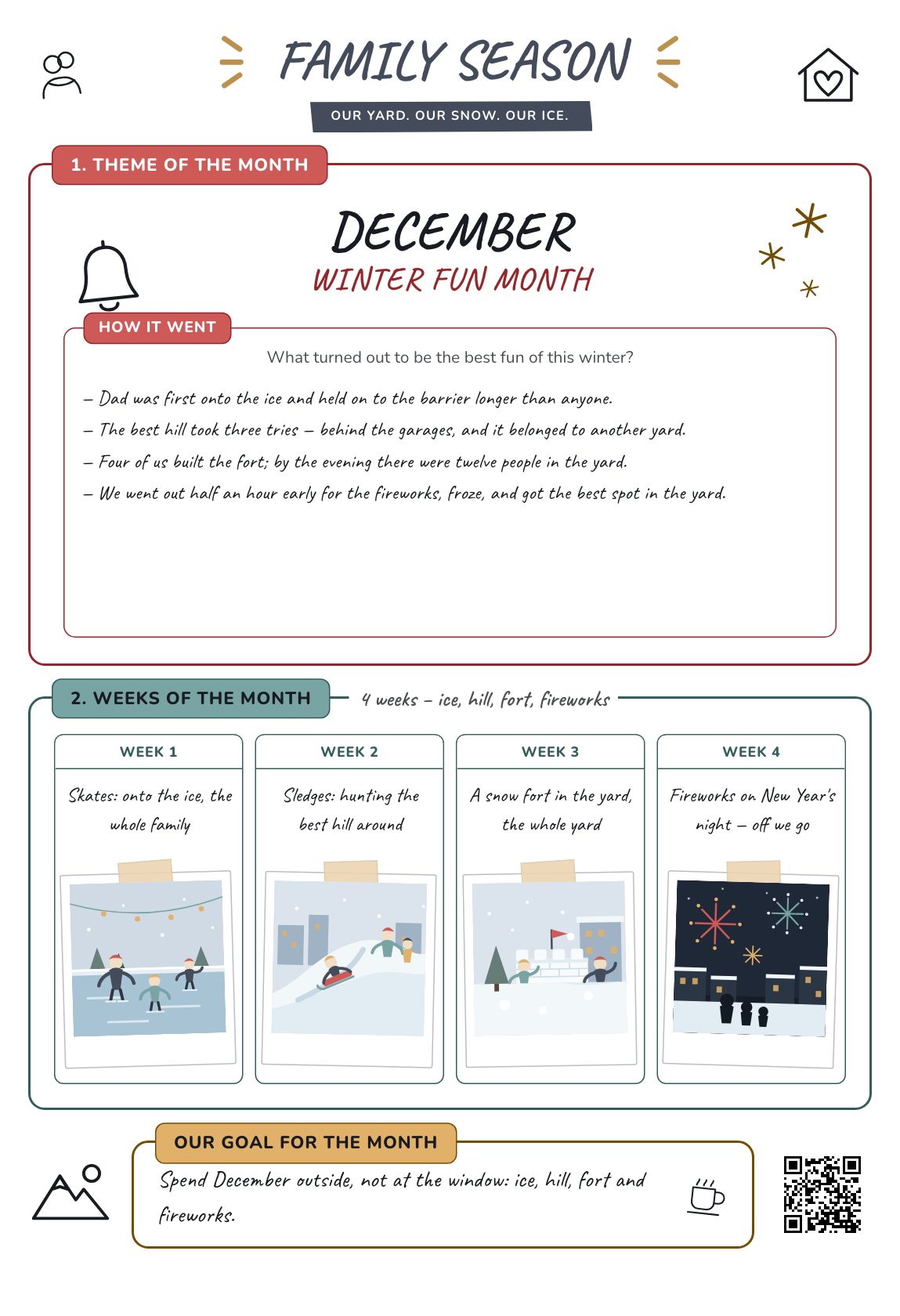 Winter Fun Month — a family plan for the month, a printable A4 poster