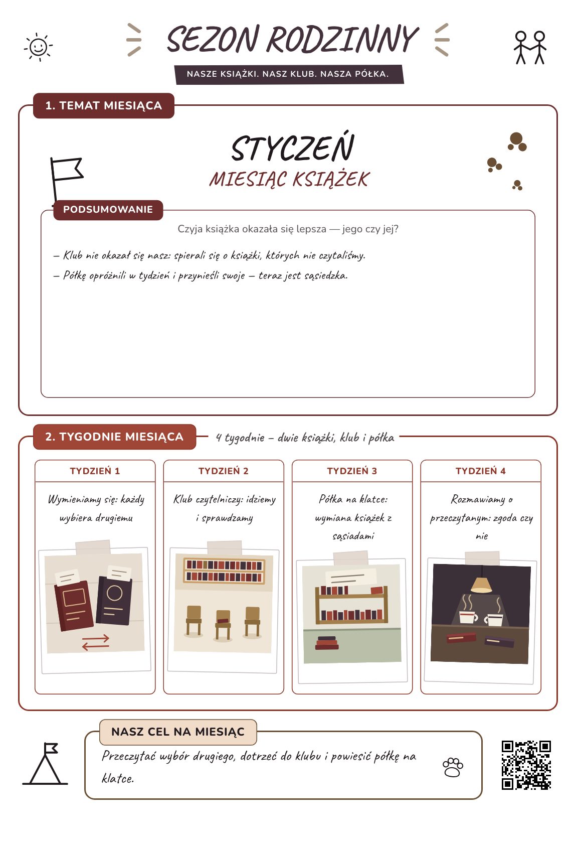 Miesiąc książek — plan rodzinny na miesiąc, plakat do druku na A4