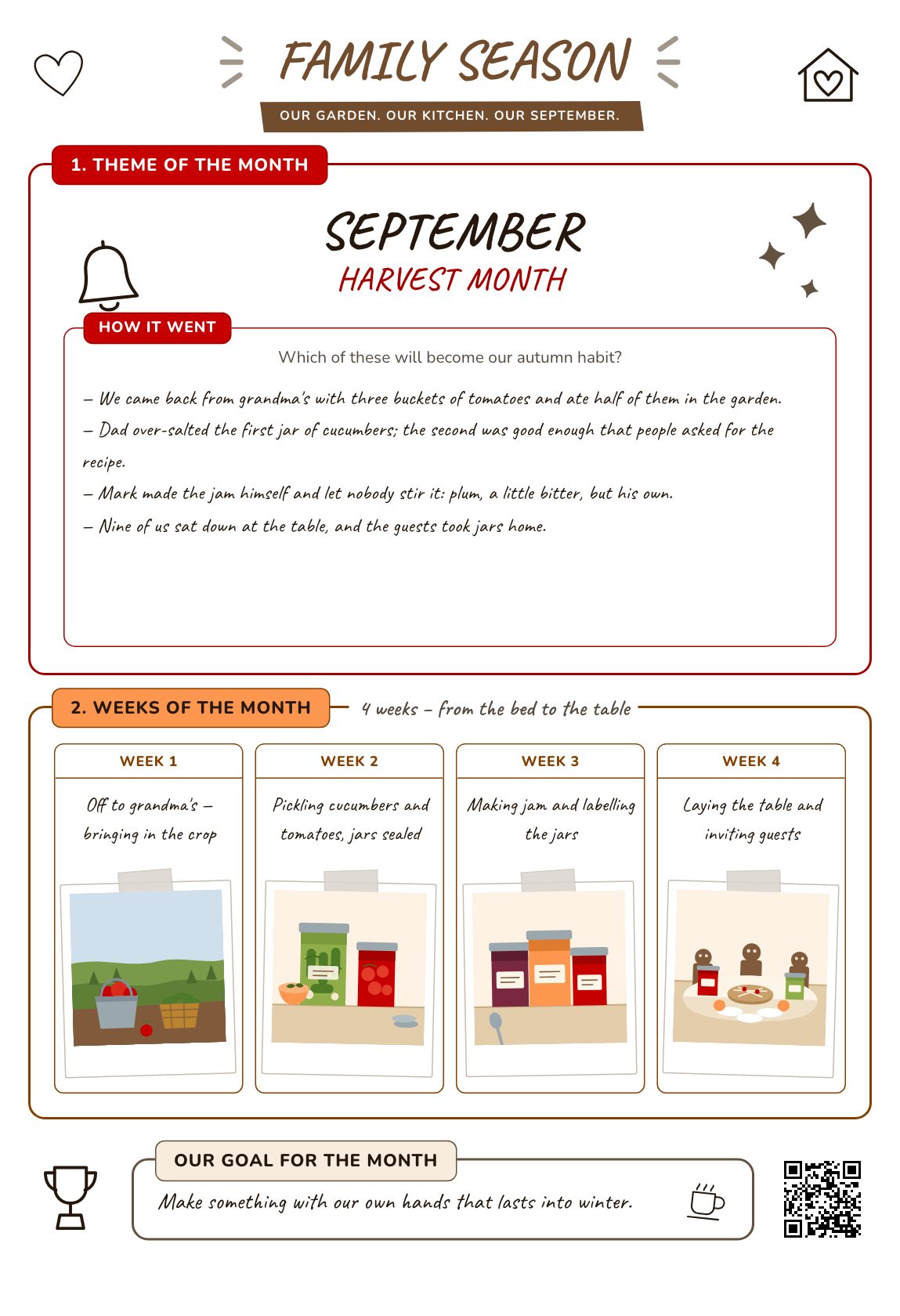 Harvest Month — a family plan for the month, a printable A4 poster