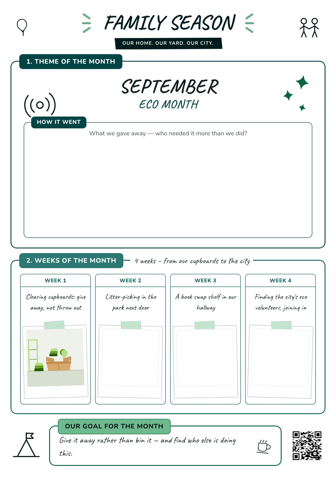 Eco Month — a family plan for the month, a printable A4 poster