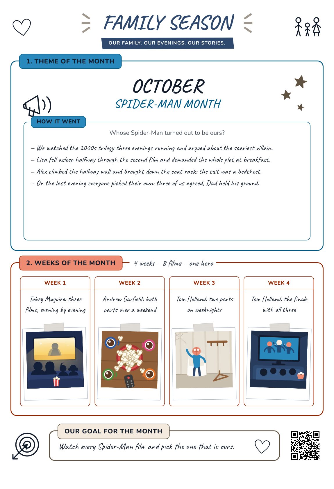 Spider-Man Month — a family plan for the month, a printable A4 poster