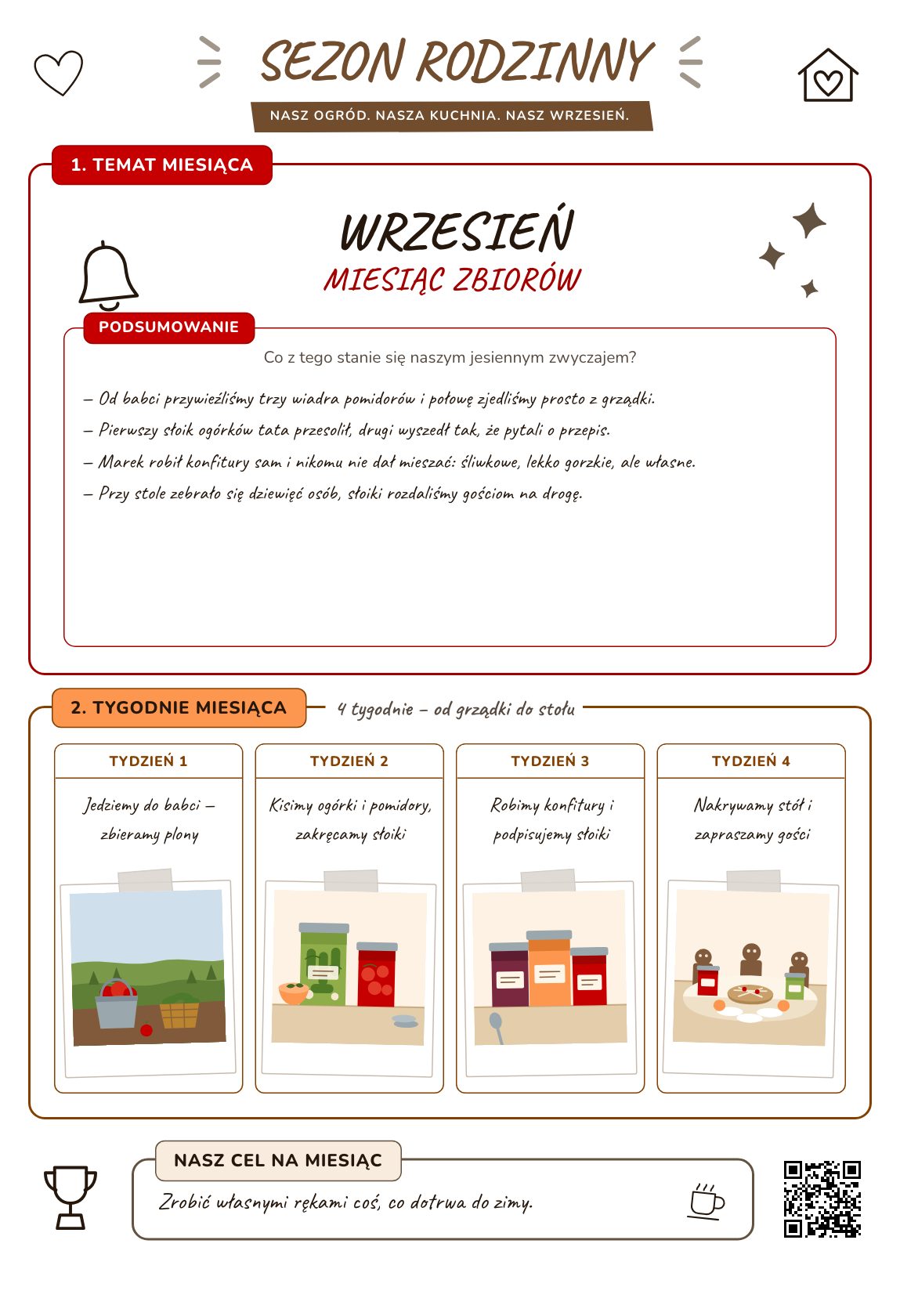Miesiąc zbiorów — plan rodzinny na miesiąc, plakat do druku na A4