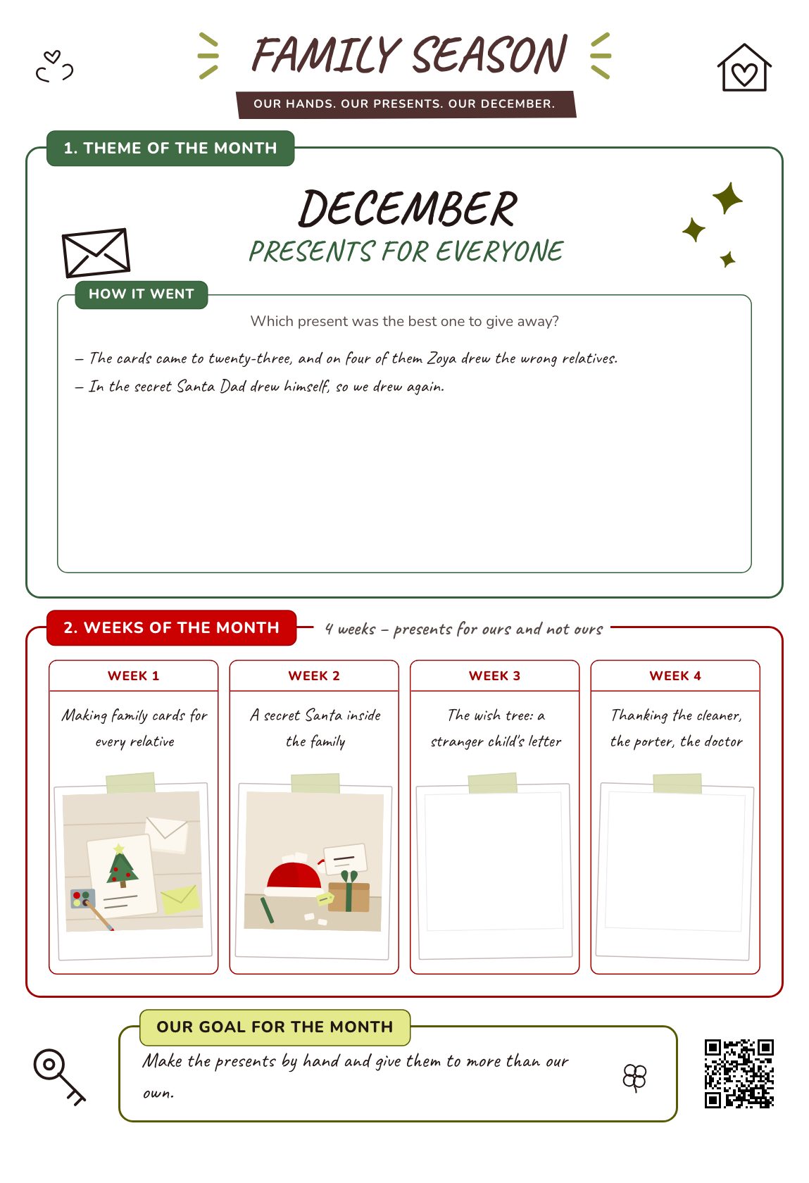 Presents for Everyone — a family plan for the month, a printable A4 poster