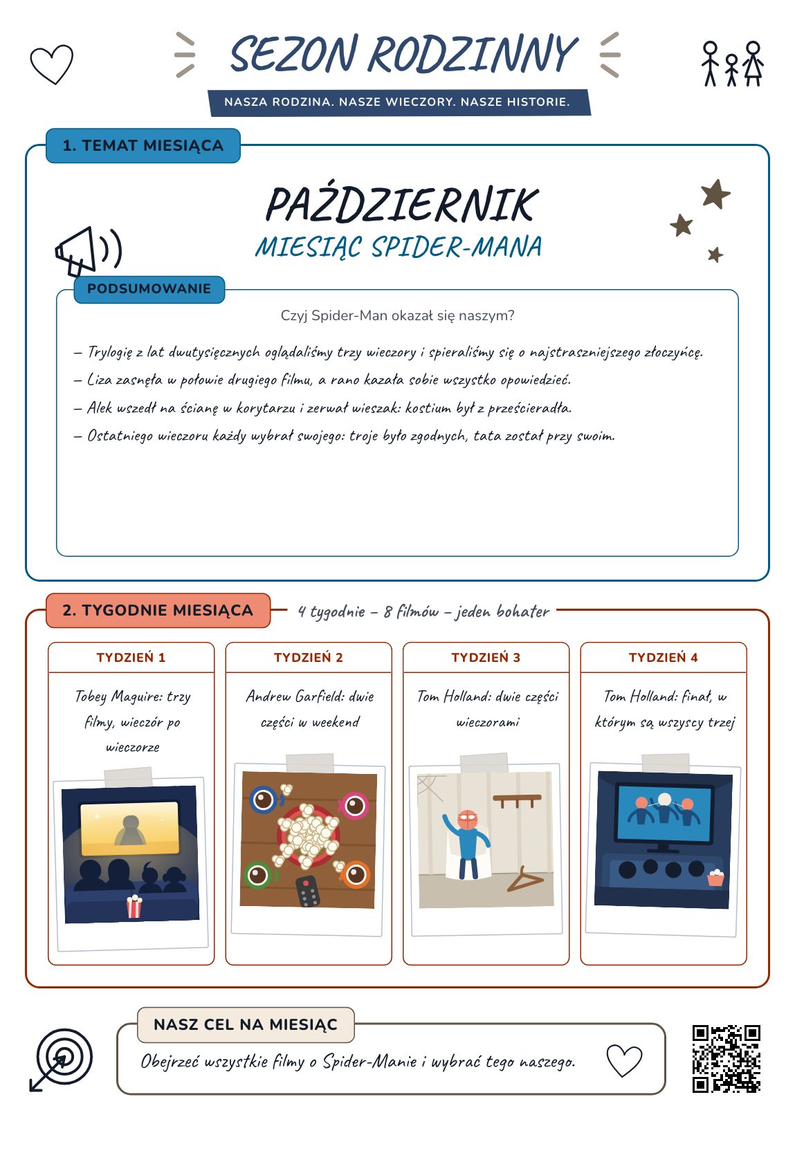 Miesiąc Spider-Mana — plan rodzinny na miesiąc, plakat do druku na A4