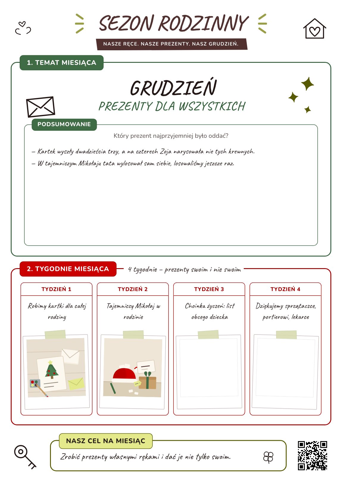 Prezenty dla wszystkich — plan rodzinny na miesiąc, plakat do druku na A4