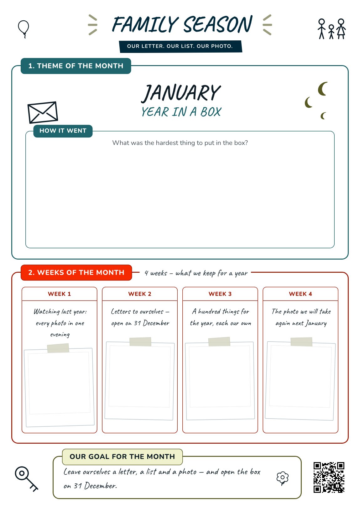 Year in a Box — a family plan for the month, a printable A4 poster