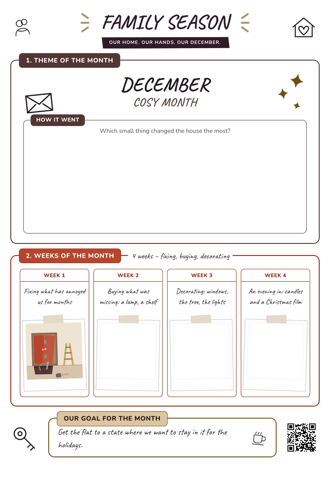 Cosy Month — a family plan for the month, a printable A4 poster