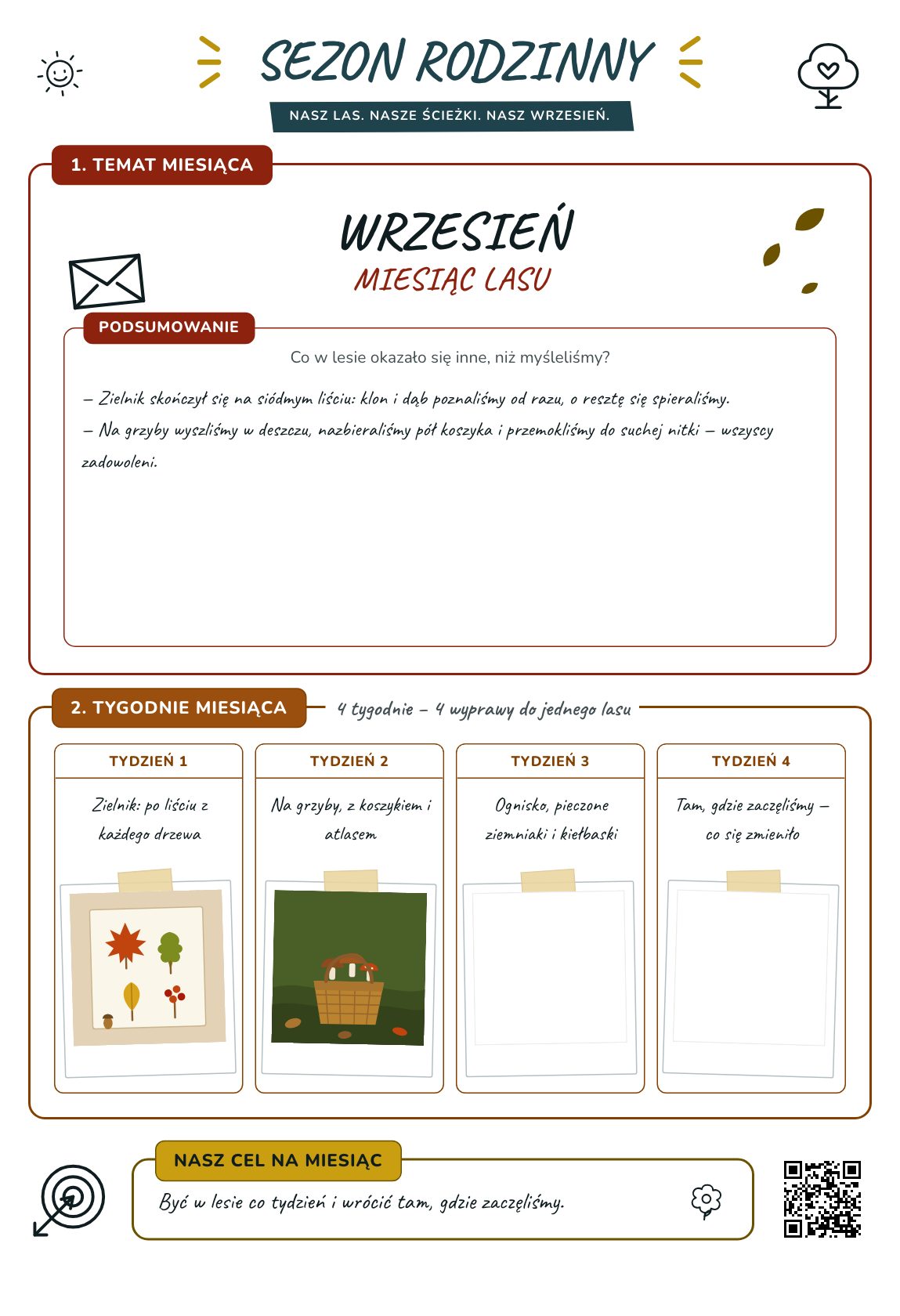 Miesiąc lasu — plan rodzinny na miesiąc, plakat do druku na A4