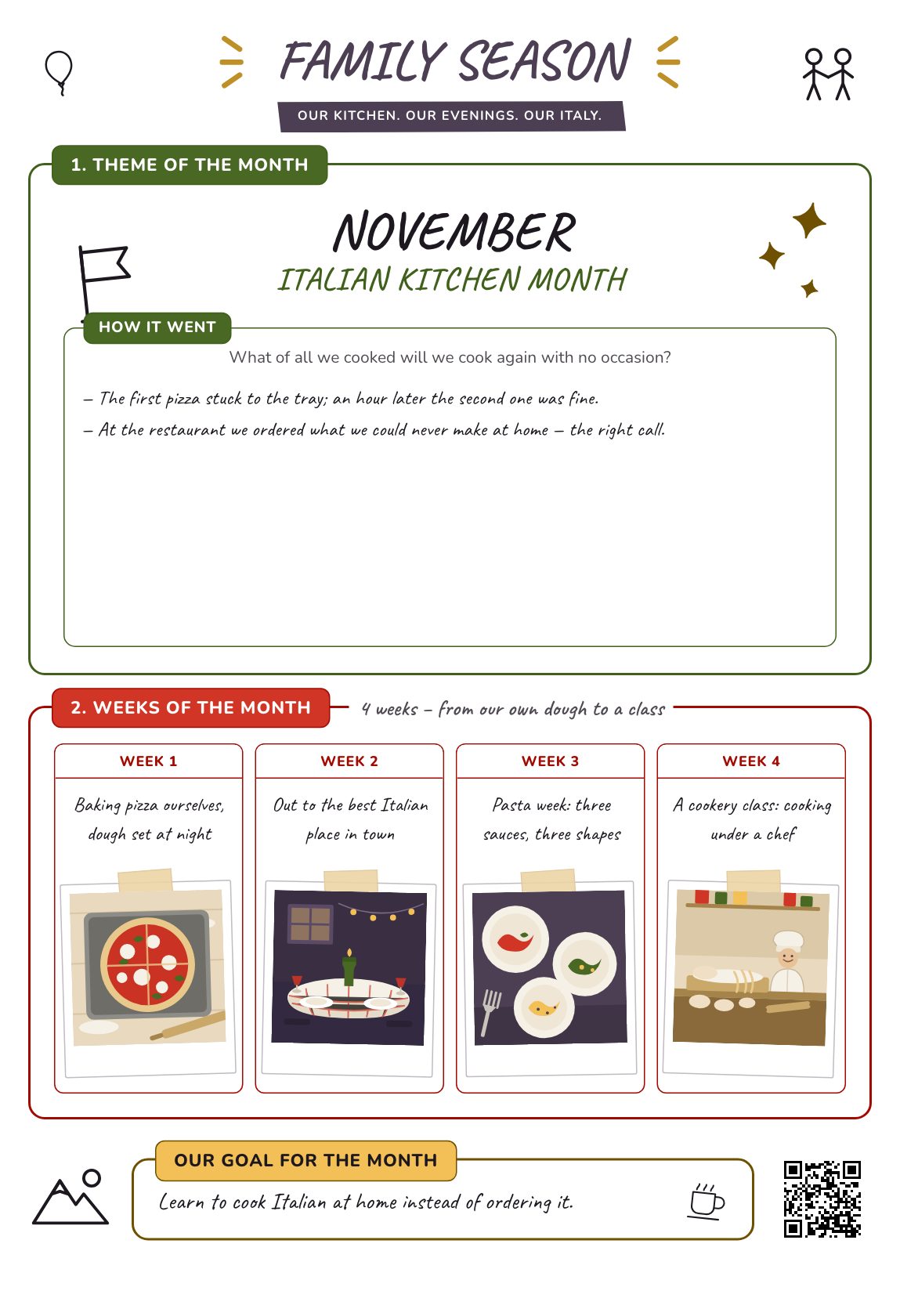 Italian Kitchen Month — a family plan for the month, a printable A4 poster